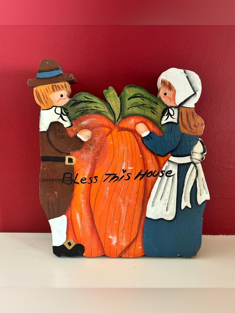 Vintage 90s Wooden Hand Painted "Bless This House" Thanksgiving Cookie Jar Lid